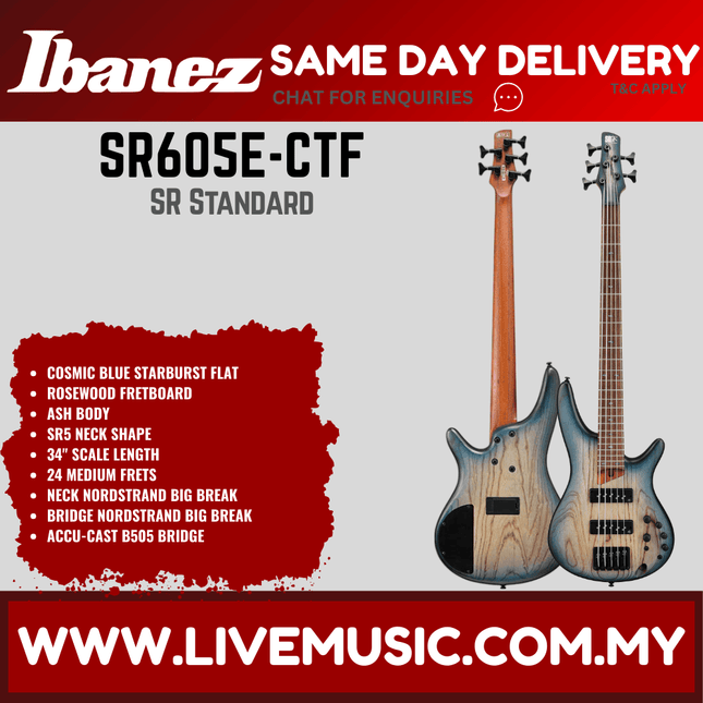 Ibanez Standard SR605E Bass Guitar - Black Stained Burst / Cosmic Blue Starburst Flat ( SR605E-CTF SR605E-BKT )