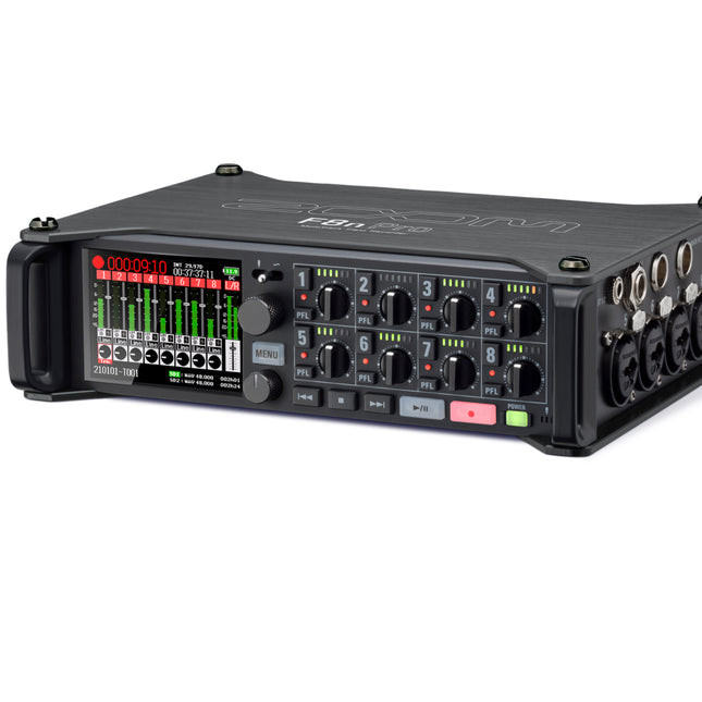 Multitrack field recorder angled view showing knobs, ports, and screen