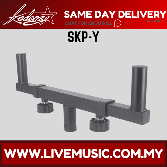 Speaker stand holder for two speakers: black bar with two mounting posts