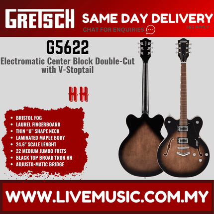 Gretsch G5622 Electromatic Center Block Double-Cut Electric Guitar, Laurel FB, Bristol Fog