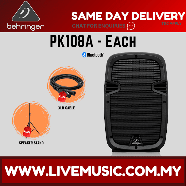 Behringer PK108A Active 250W 8" PA Speaker System with Bluetooth w/Shure SV100 Vocal Microphone, Speaker Stand and Cable - Each ( PK-108A / PK 108A )