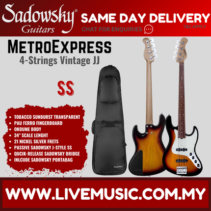 Sadowsky MetroExpress 21-fret Vintage JJ 4-String Bass Guitar, PF FB, Tobacco Sunburst Transparent