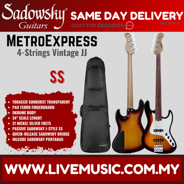 Sadowsky MetroExpress 21-fret Vintage JJ 4-String Bass Guitar, PF FB, Tobacco Sunburst Transparent