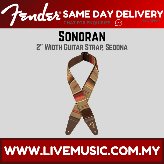 Fender Sonoran 2-inch guitar strap in Sedona striped fabric with brown ends and stitching