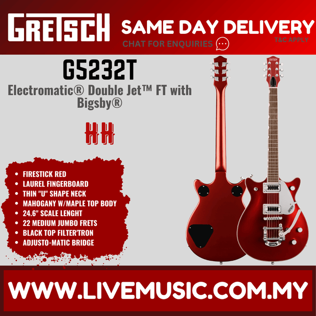Gretsch G5232T Electromatic Double Jet FT Electric Guitar w/Bigsby, Laurel FB, Firestick Red
