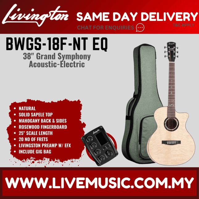 Livingston BWGS-18F EQ Grand Symphony 38" Solid Sapele Top Acoustic Guitar, RW FB, Natural (BWGS 18F BWGS18F)