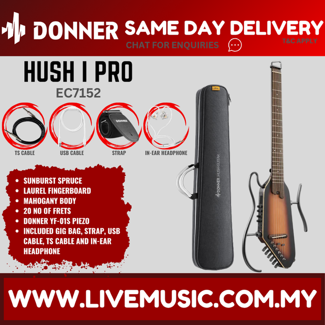 Donner EC7152 Hush-i Pro Acoustic Electric Guitar Kit, Sunburst Spruce ( HUSHIPRO / HUSH I )