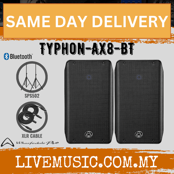 Pair of black AX8-BT Bluetooth 2-way loudspeakers with front grilles