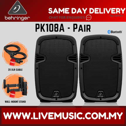 Behringer PK108A  Active 250W 8" PA Speaker System with Bluetooth w/UG-88HH Wireless Mic, Speaker Stand and Cable - Pair ( PK-108A / PK 108A )