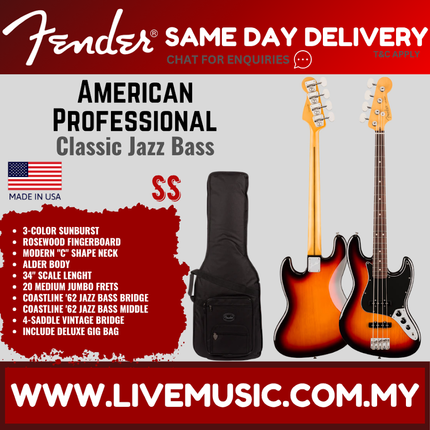Fender American Professional Classic Jazz Bass Electric Guitar, RW FB, 3-Tone Sunburst