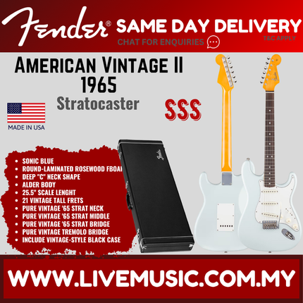 Fender American Vintage 65 Stratocaster Electric Guitar, Round-Lam RW FB, Sonic Blue