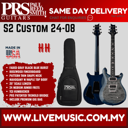 PRS S2 Custom 24-08 Electric Guitar, Faded Gray Black Blue Burst