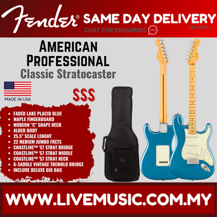 Fender American Professional Classic Stratocaster Electric Guitar, Maple FB, Faded Lake Placid Blue