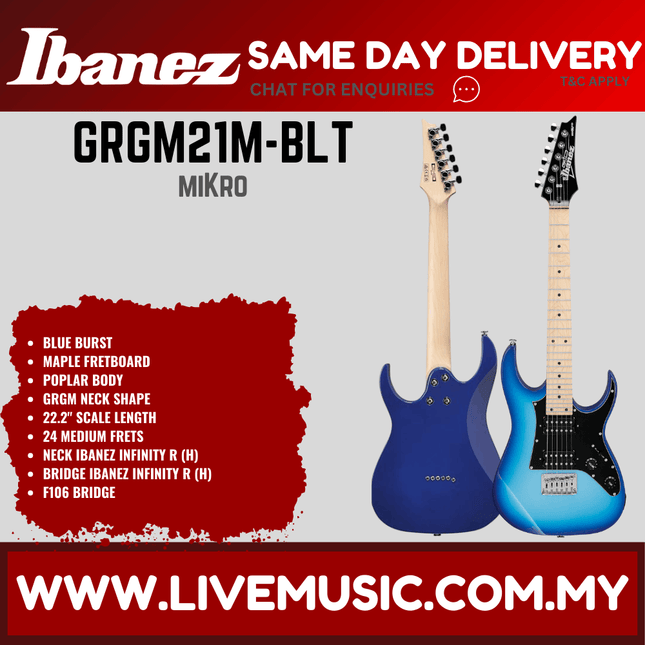 Ibanez Gio GRGM21M HH Mikro Solid Body Electric Guitar Maple Fretboard - Walnut Sunburst / Blue Burst (GRGM21M-BLT GRGM21M-WNS)