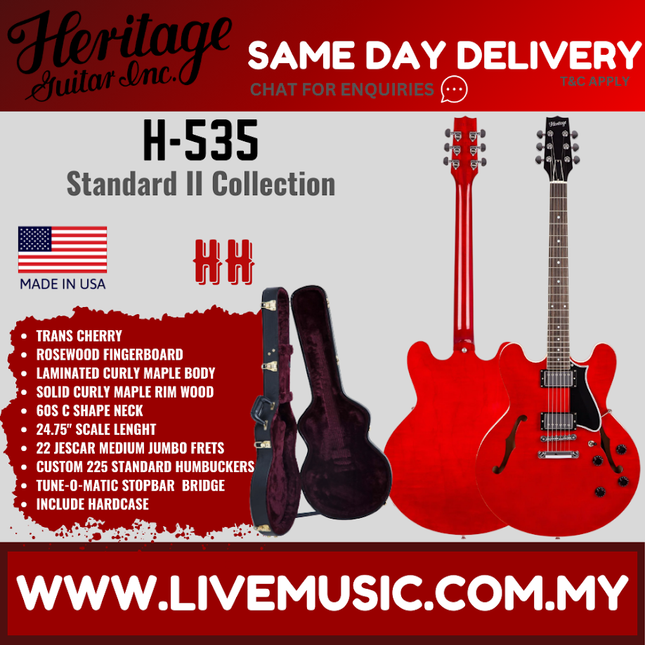 Heritage Standard II Collection H-535 Electric Guitar with Case, Trans Cherry ( H535 / H 535 )