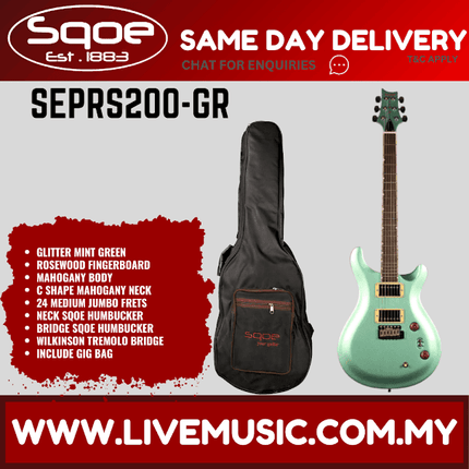 Sqoe SEPRS200 HH Mahogany Body Electric Guitar w/Hardcase, Rosewood FB - Glitter Mint Green ( SEPRS-200 / SEPRS 200 )