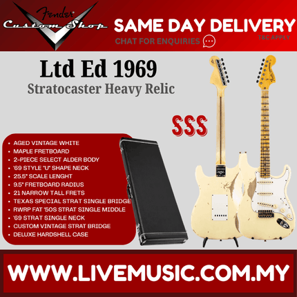 Fender Custom Shop Limited Edition 1969 Stratocaster Heavy Relic Electric Guitar, Aged Vintage White