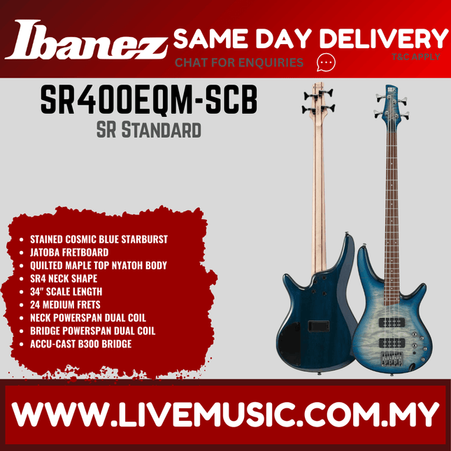Ibanez SR400EQM-SCB SR Series Electric Bass, Stained Cosmic Blue Starburst ( SR400EQM SCB / SR400EQMSCB )