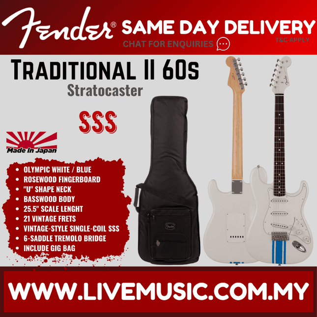 Fender Japan Traditional II 60s Stratocaster Electric Guitar, RW FB, Olympic White / Blue