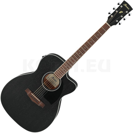 Black acoustic-electric guitar with rosette and front pickguard, angled view