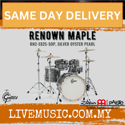 Gretsch RN2-E825-SOP Renown Maple 5-Piece Drum Shell Kit Set (22inch Bass), Silver Oyster Pearl