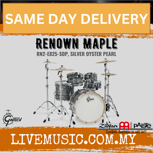 Gretsch RN2-E825-SOP Renown Maple 5-Piece Drum Shell Kit Set (22inch Bass), Silver Oyster Pearl