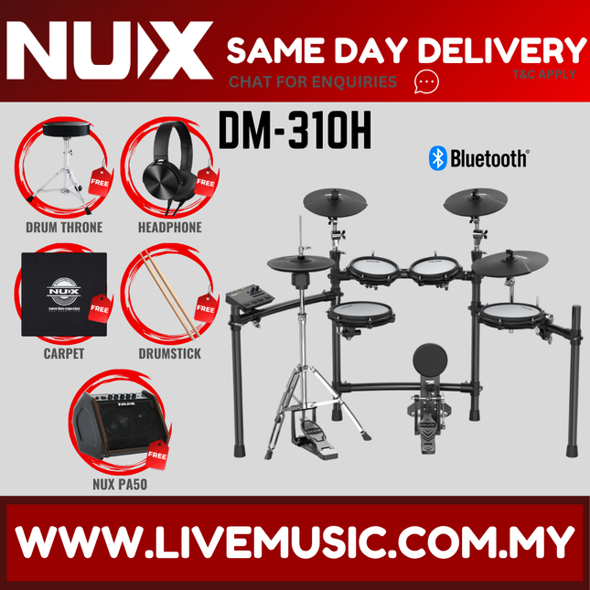 Black electronic drum kit with mesh pads and included drum throne, headphone, audio pad