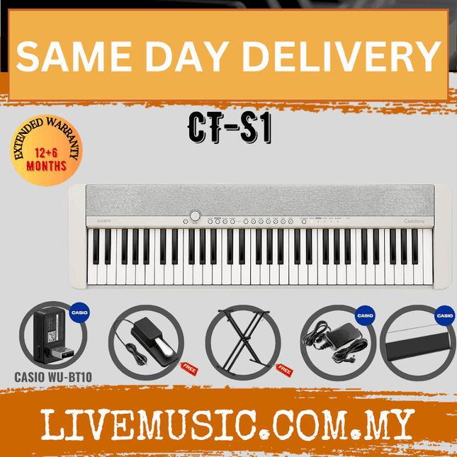 Casio CT-S1 61-key Portable Keyboard w/Keyboard Stand And WU-BT10 Wireless Bluetooth - White ( CTS1 / CT S1 )