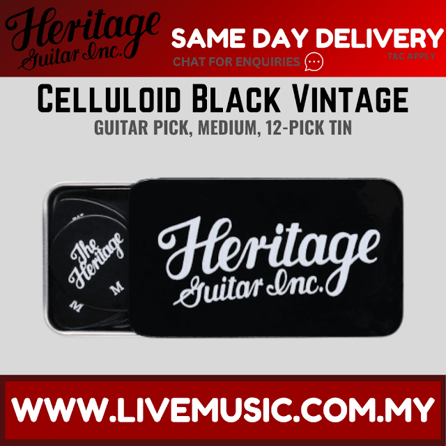 Heritage Celluloid Black Vintage Guitar Pick, Medium, 12-Pick Tin