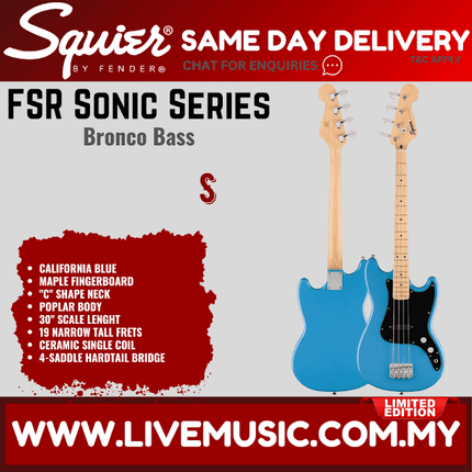 Squier FSR Sonic Bronco Bass Guitar w/Black Pickguard, Maple FB, California Blue
