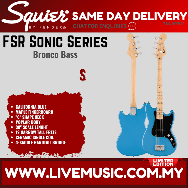 Squier FSR Sonic Bronco Bass Guitar w/Black Pickguard, Maple FB, California Blue