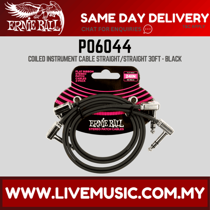 Ernie Ball 6044 Coiled Straight to Straight Instrument Cable, Black, 30ft