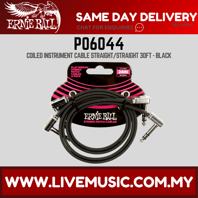 Ernie Ball 6044 Coiled Straight to Straight Instrument Cable, Black, 30ft