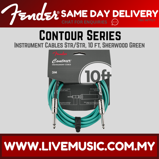 Fender Contour Series 10ft instrument cable, Sherwood Green with chrome connectors