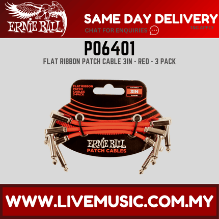 Ernie Ball 6401 Flat Ribbon Pedalboard Patch Cable, Right Angle to Right Angle, Red, 3 Inch, 3-pack