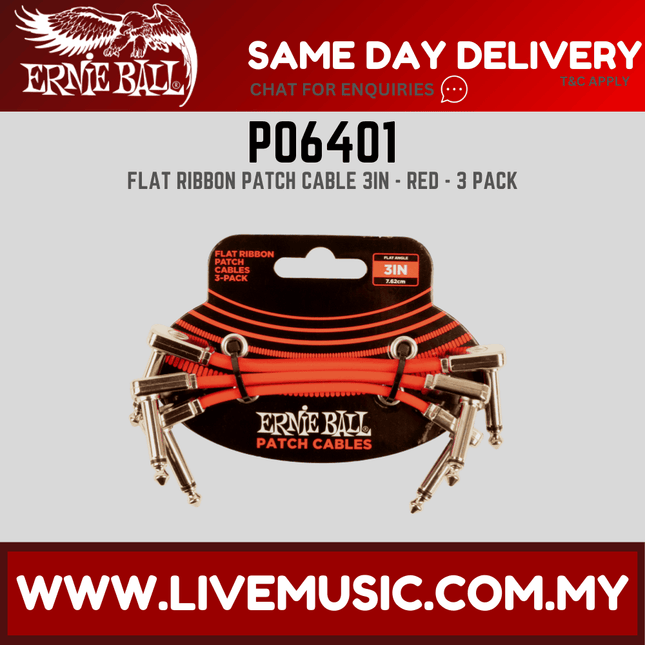 Ernie Ball 6401 Flat Ribbon Pedalboard Patch Cable, Right Angle to Right Angle, Red, 3 Inch, 3-pack