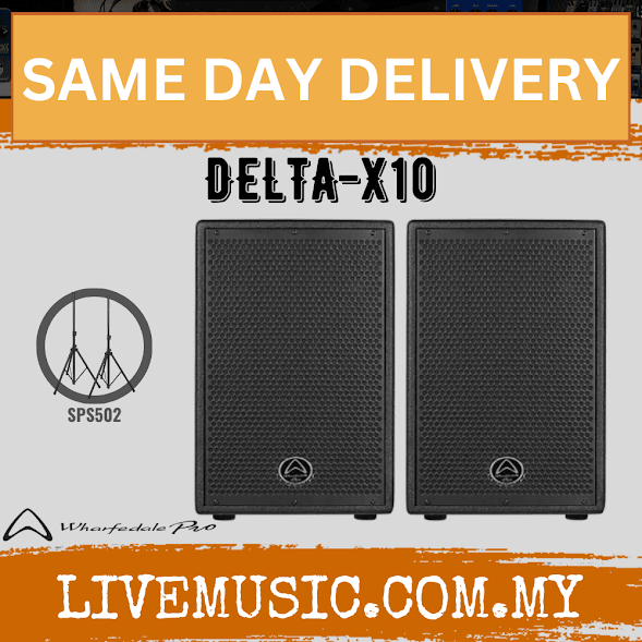 Front view of two black Wharfedale DELTA-X10 passive 2-way speakers, mesh grille