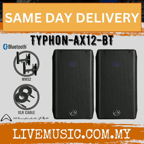Pair of black 12-inch 2-way PA loudspeakers with Bluetooth, front grille view.
