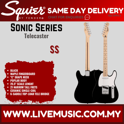 Squier Sonic Telecaster Electric Guitar w/White Pickguard, Maple FB, Black