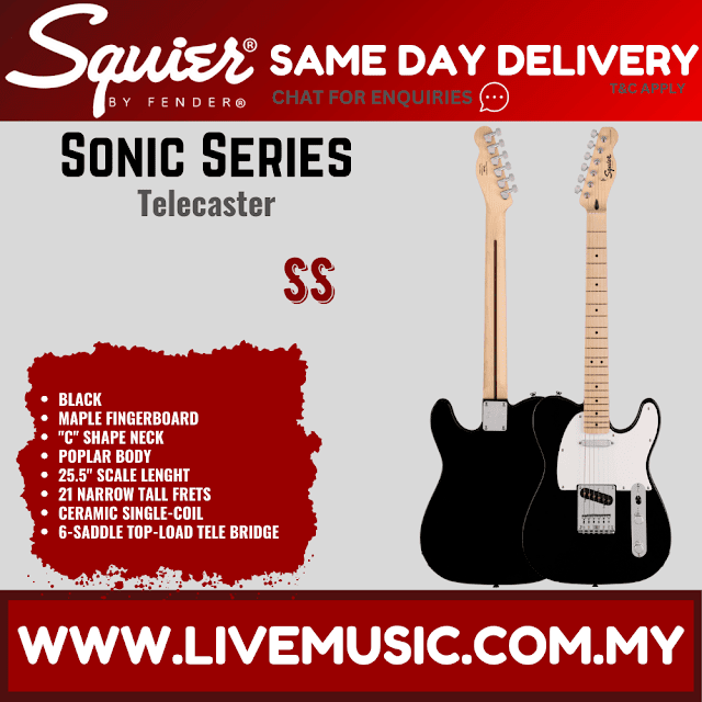 Squier Sonic Telecaster Electric Guitar w/White Pickguard, Maple FB, Black