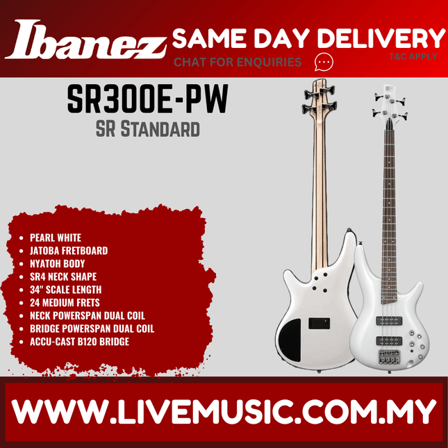 Ibanez SR300E 4-String Electric Bass Guitar - Pearl White (SR300E-PW)