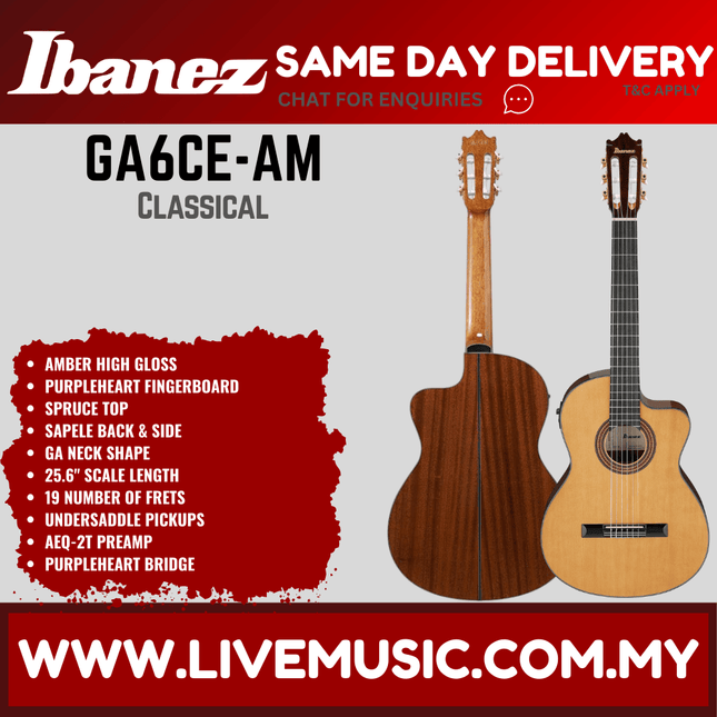 Ibanez GA6CE-AM Acoustic-Electric Classical Guitar - Amber High Gloss ( GA6CE AM / GA6CEAM )