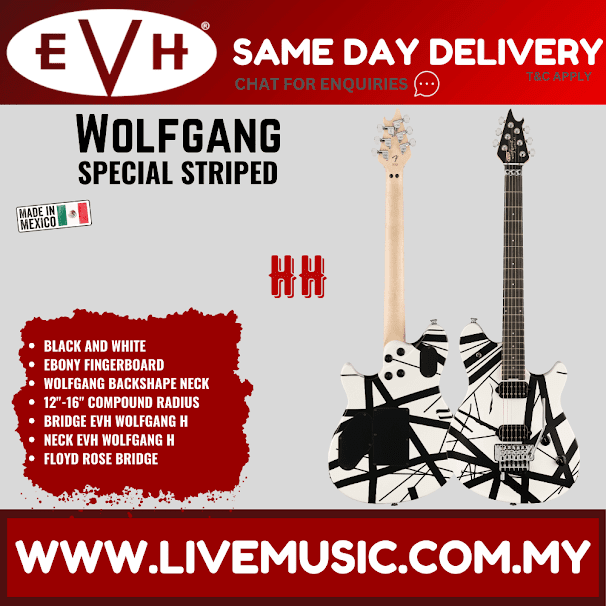 EVH Wolfgang Special Striped Series Electric Guitar, Ebony FB, Satin Striped Black/White