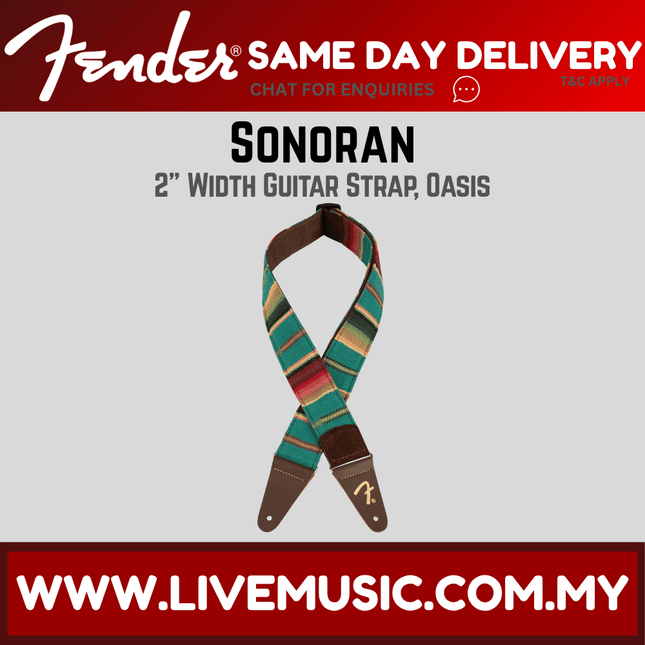 2-inch Sonoran guitar strap in teal and tan with adjustable brown leather ends