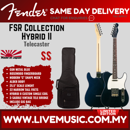 Fender FSR Collection Hybrid II Telecaster Electric Guitar, RW FB, Sienna Sunburst / Inca Silver / Gun Metal Blue