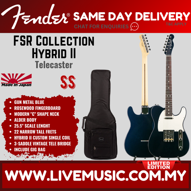 Fender FSR Collection Hybrid II Telecaster Electric Guitar, RW FB, Sienna Sunburst / Inca Silver / Gun Metal Blue