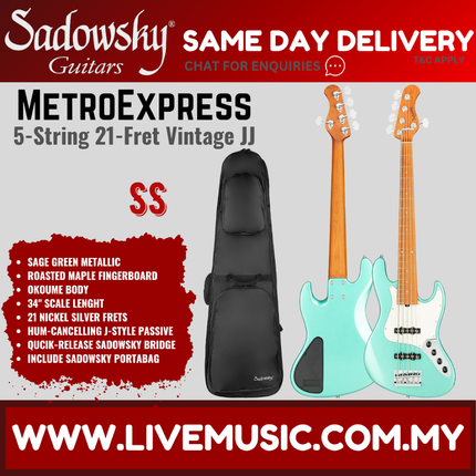 Sadowsky MetroExpress 21-fret Vintage JJ 5-String Bass Guitar, Maple FB, Sage Green Metallic