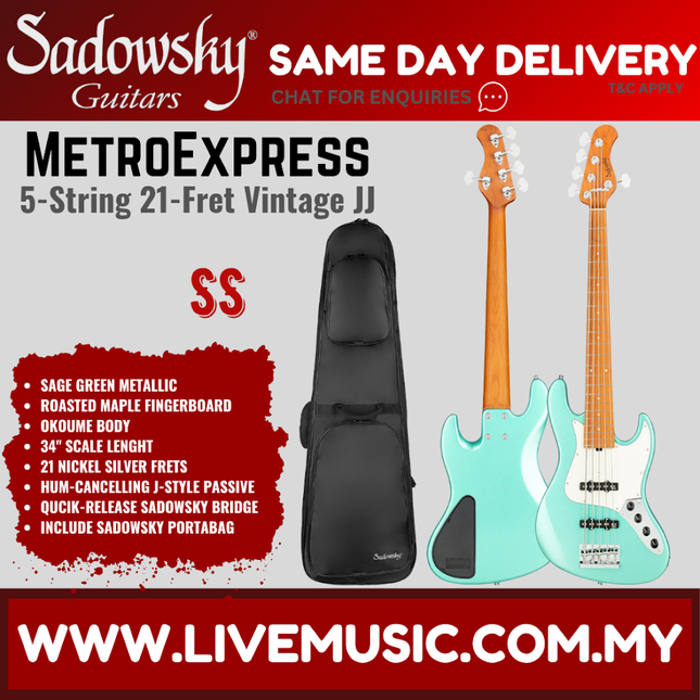 Sadowsky MetroExpress 21-fret Vintage JJ 5-String Bass Guitar, Maple FB, Sage Green Metallic