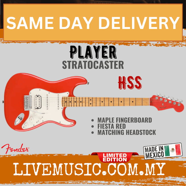Fender Player HSS Stratocaster Electric Guitar, Maple FB, Fiesta Red w/ Matching Headstock