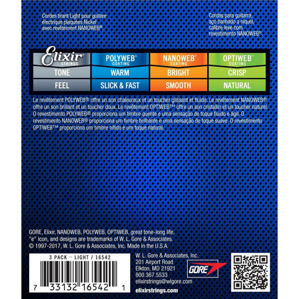 Elixir 16542 Nanoweb Coated Light Electric Guitar Strings - 3-Pack (10-46)